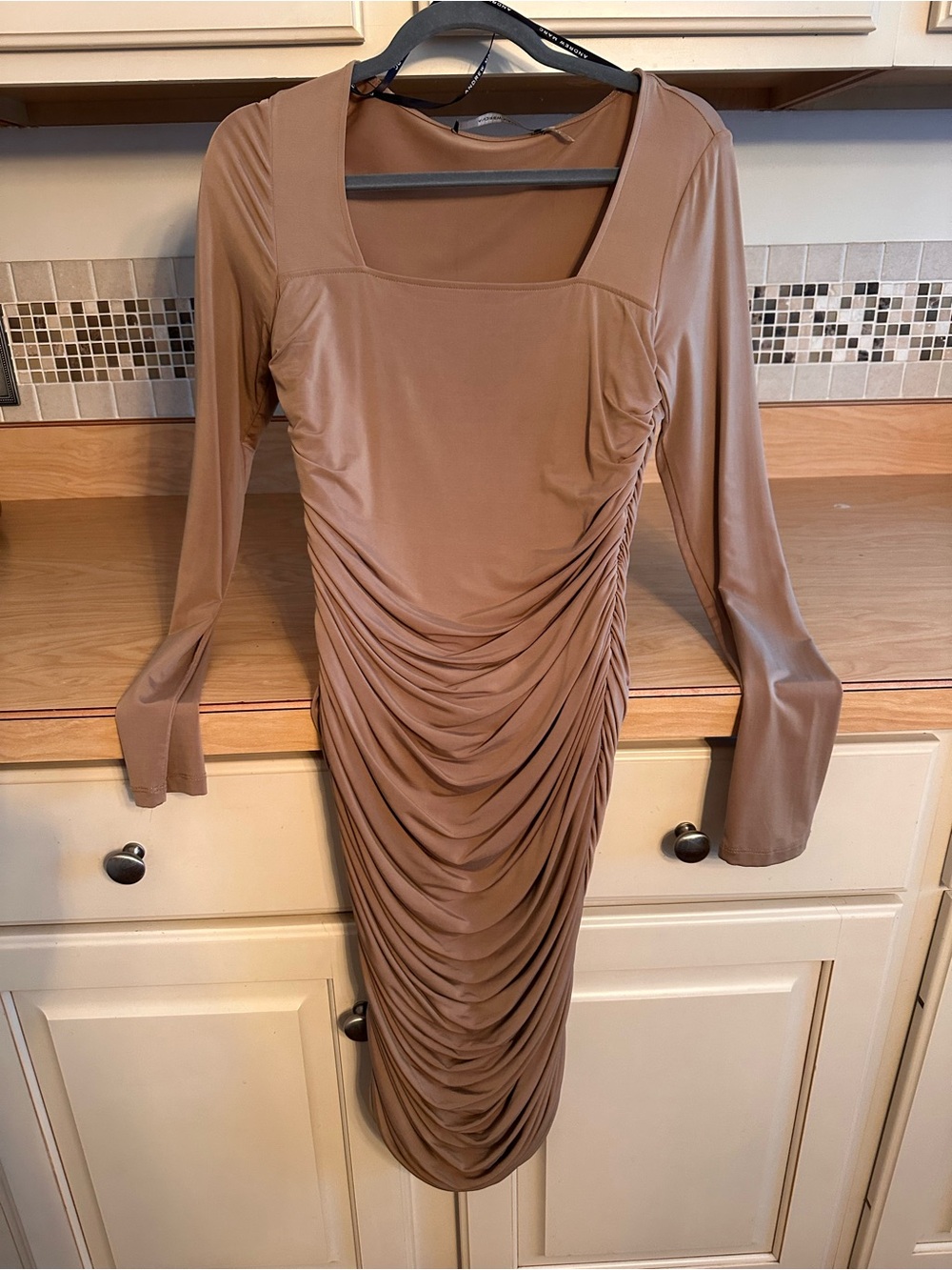 Andrew Marc form fitting Ladies tan bodycon dress